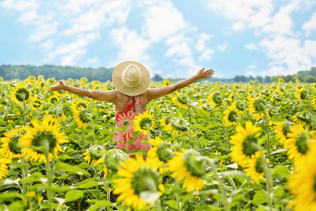 Tips for living a good life - mastering your garden - a lady in a field of sunflowers ready for spring equinox